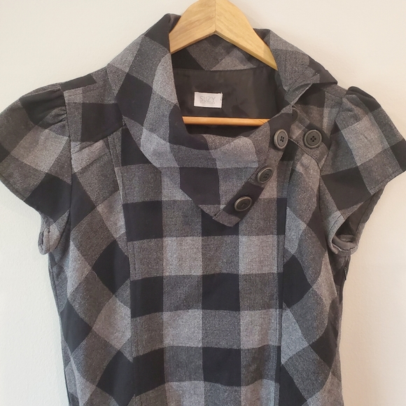 NWOT Suzy Shier mini dress with asymmetrical collar, size M, black & grey plaid - Picture 3 of 8